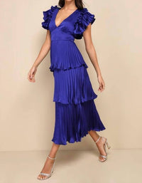 Lulus - Stunning Desire Satin Pleated Tiered Midi Dress