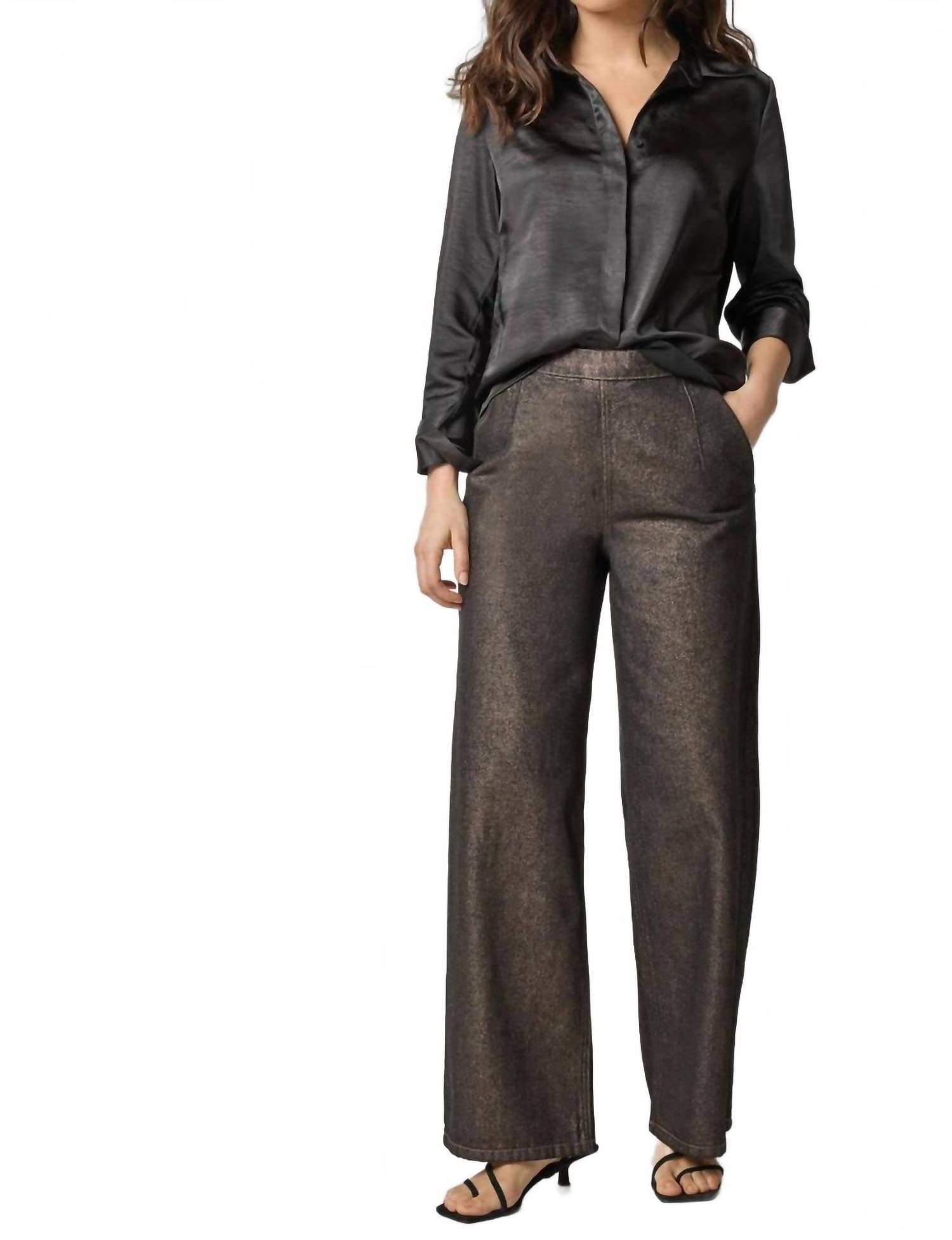 Lilla P Satin Button Down Shirt in black 1 - women's shirt - detail view