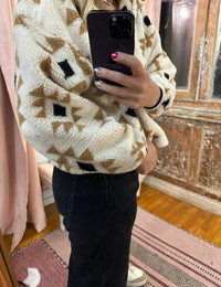 She + Sky - Half Zip Printed Teddy Pullover Sweatshirt