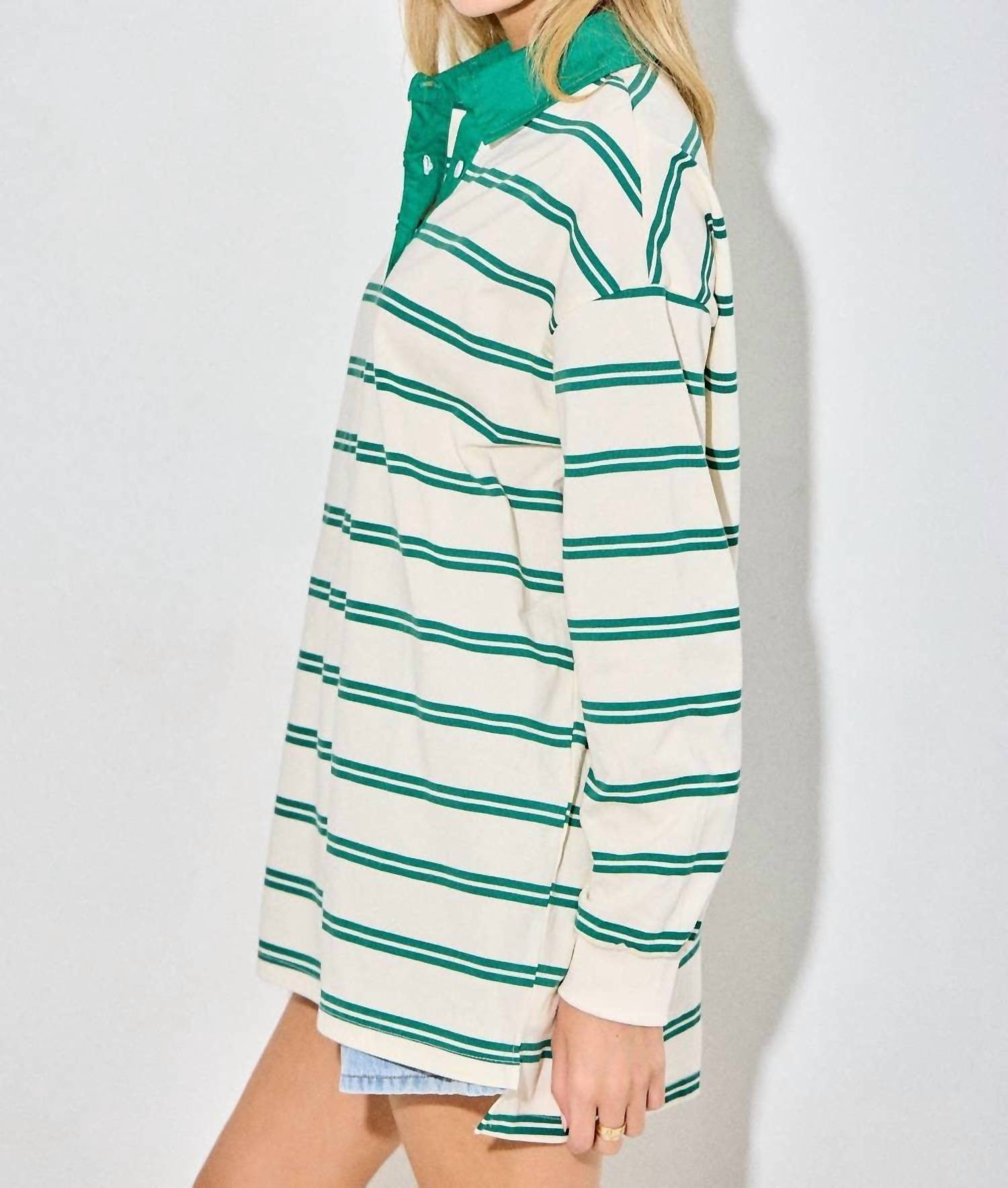 Baevely By Wellmade - Striped Oversized Rugby Polo Shirt