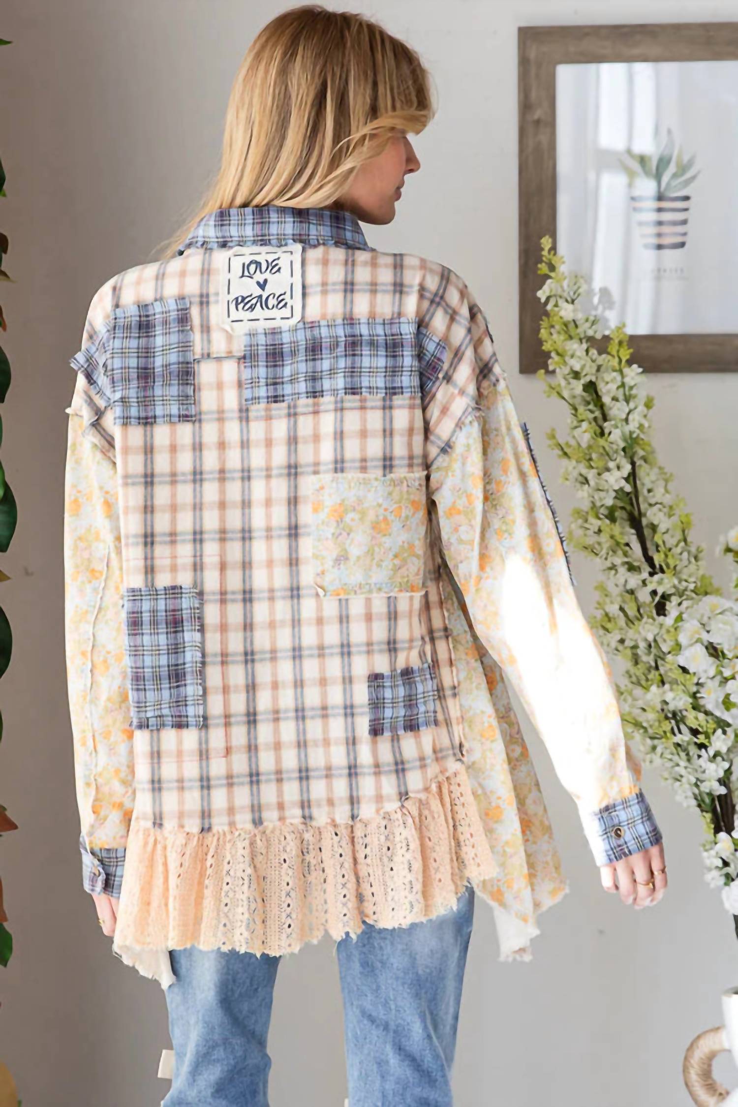Oli & Hali - Washed Ruffle Hem Plaid Mix Top