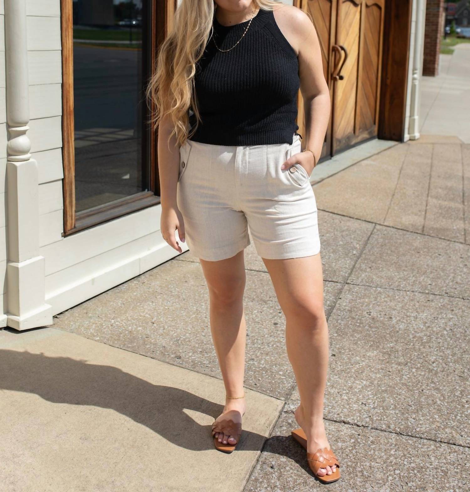 AnnieWear Breeze Halter Knit Tank Top in midnight - women's tank top - detail view
