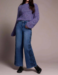 TRIBAL Brooke High Rise Wide Leg Jeans With Side-Embroidery in bluedusk - women's jeans