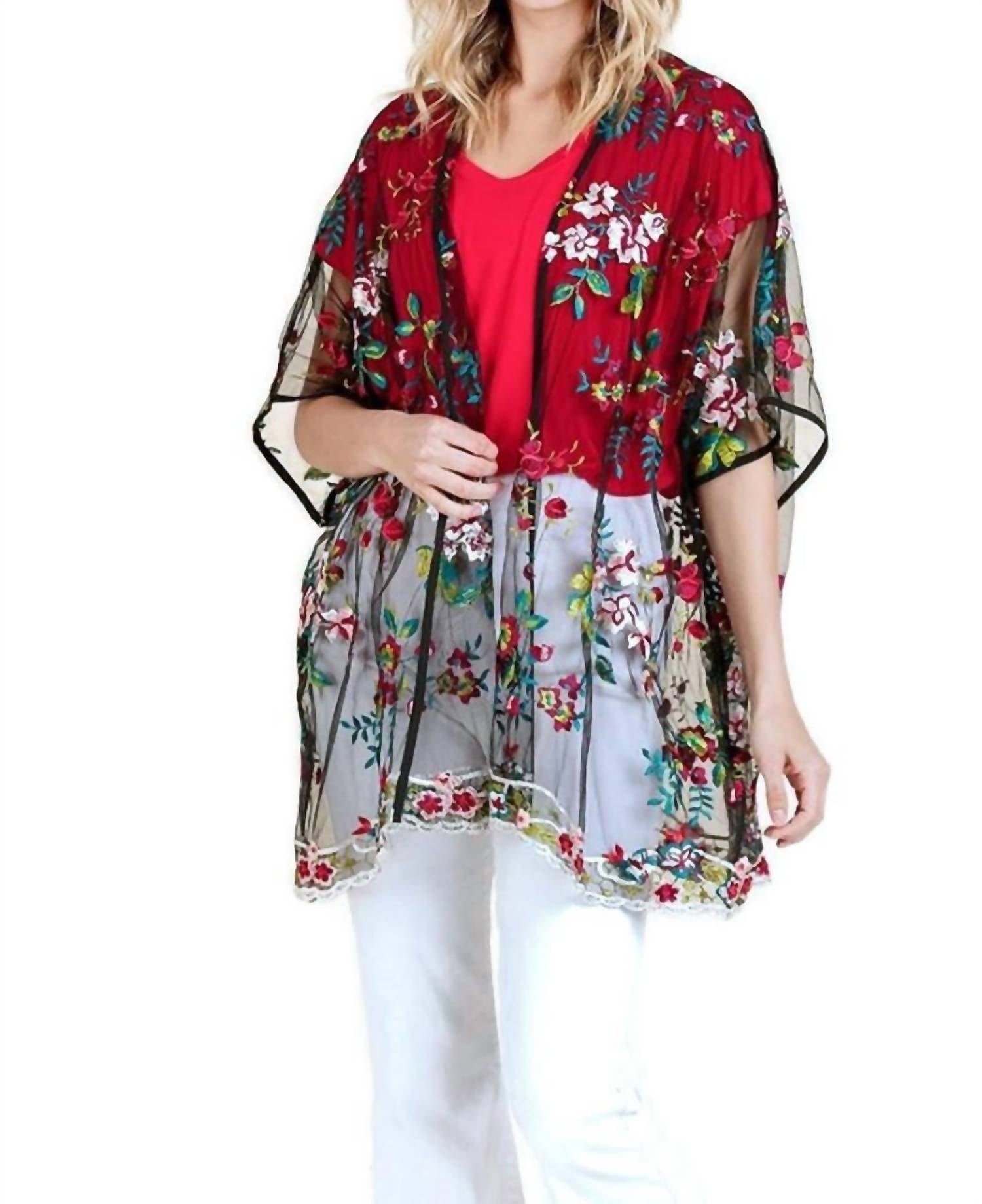Umgee - Floral Embroidered Sheer Mesh Kimono