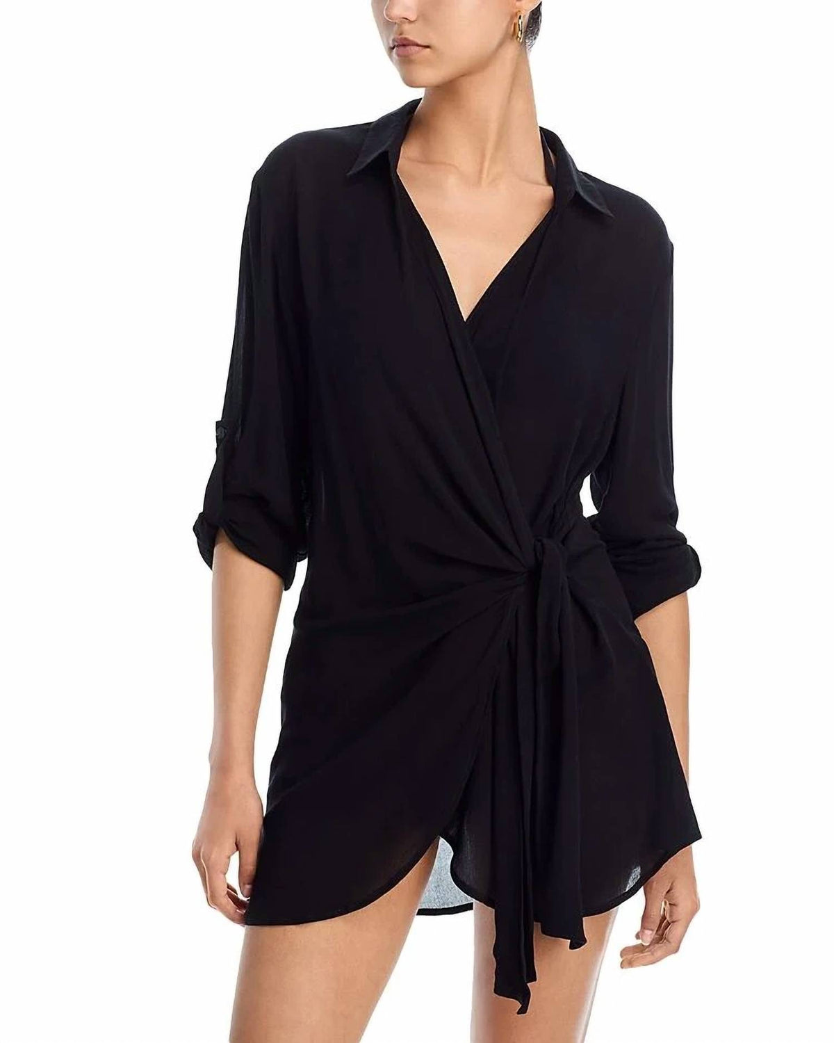 Aqua - Wrap Shirt Swim Cover-up Mini Dress