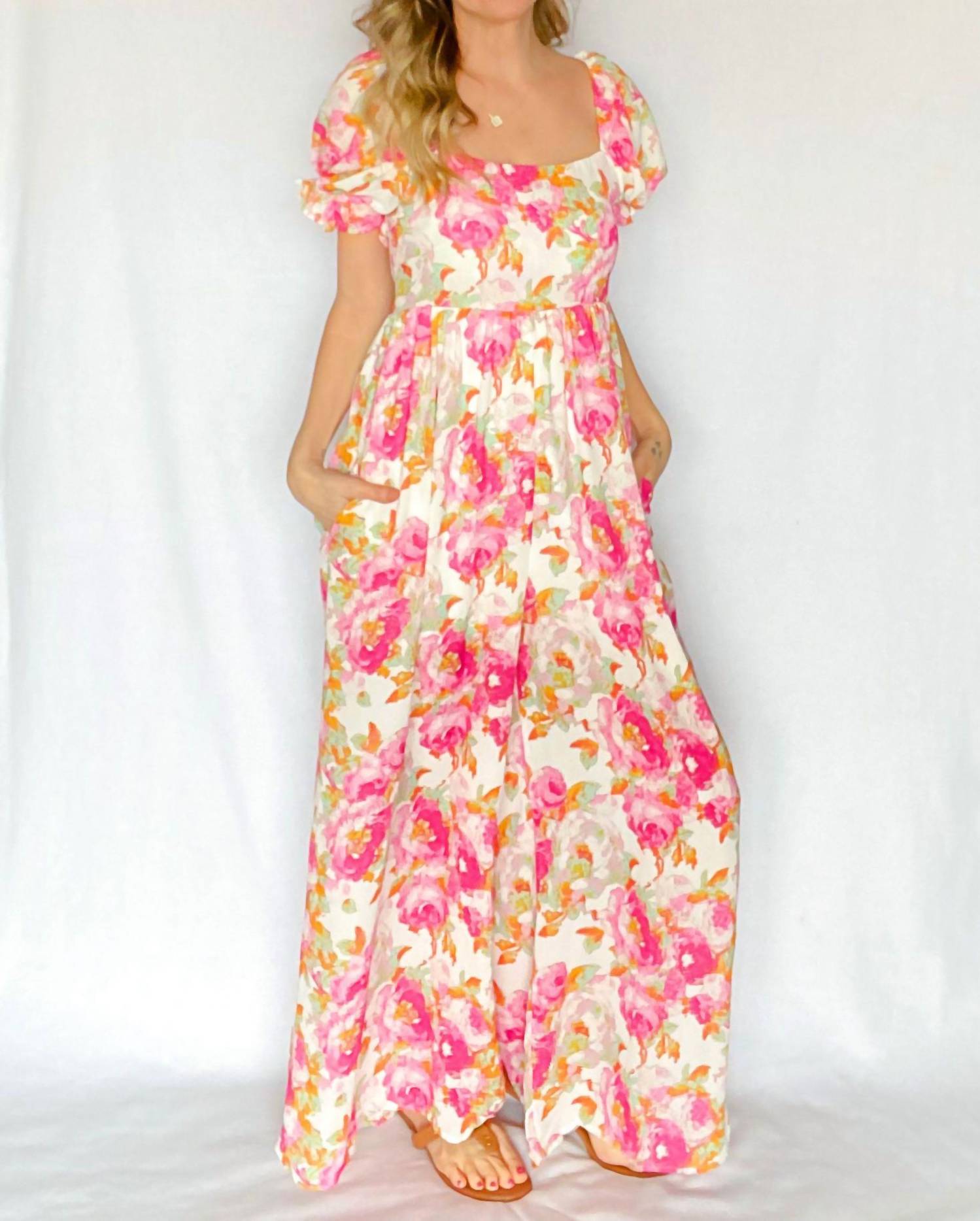 Bucketlist - Floral Poof Sleeve Smocked Back Jumpsuit