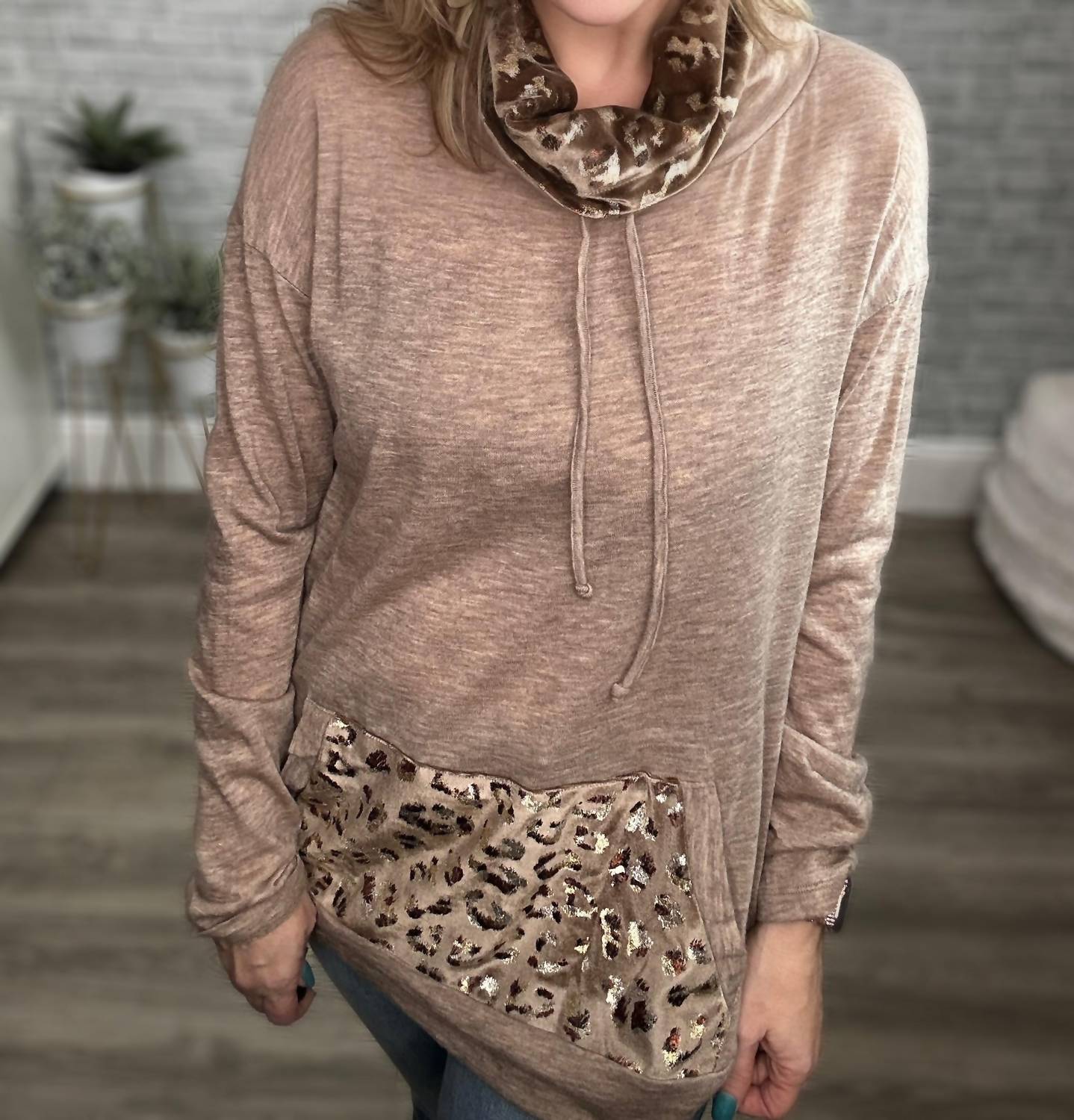 And The Why - Metallic Animal Print Accent Funnel Neck Top