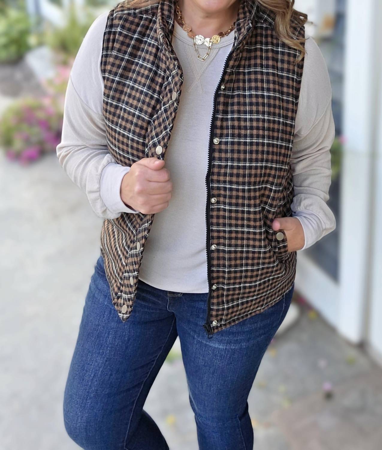 STACCATO Plaid Snap Zipper Vest in taupe black - women's jacket