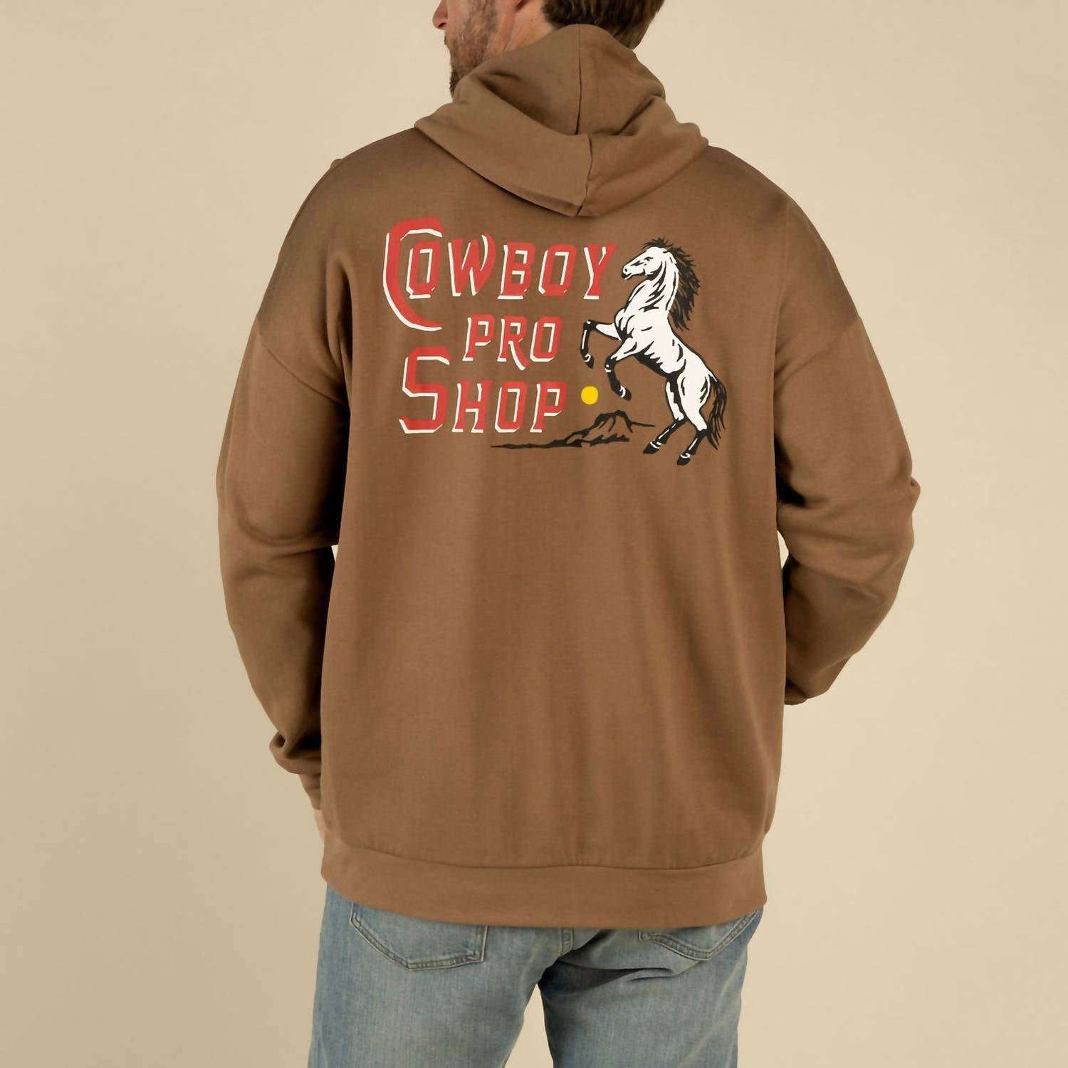 Sendero Provisions Co. Cowboy Pro Shop Hoodie in light brown - men's shirt - detail view