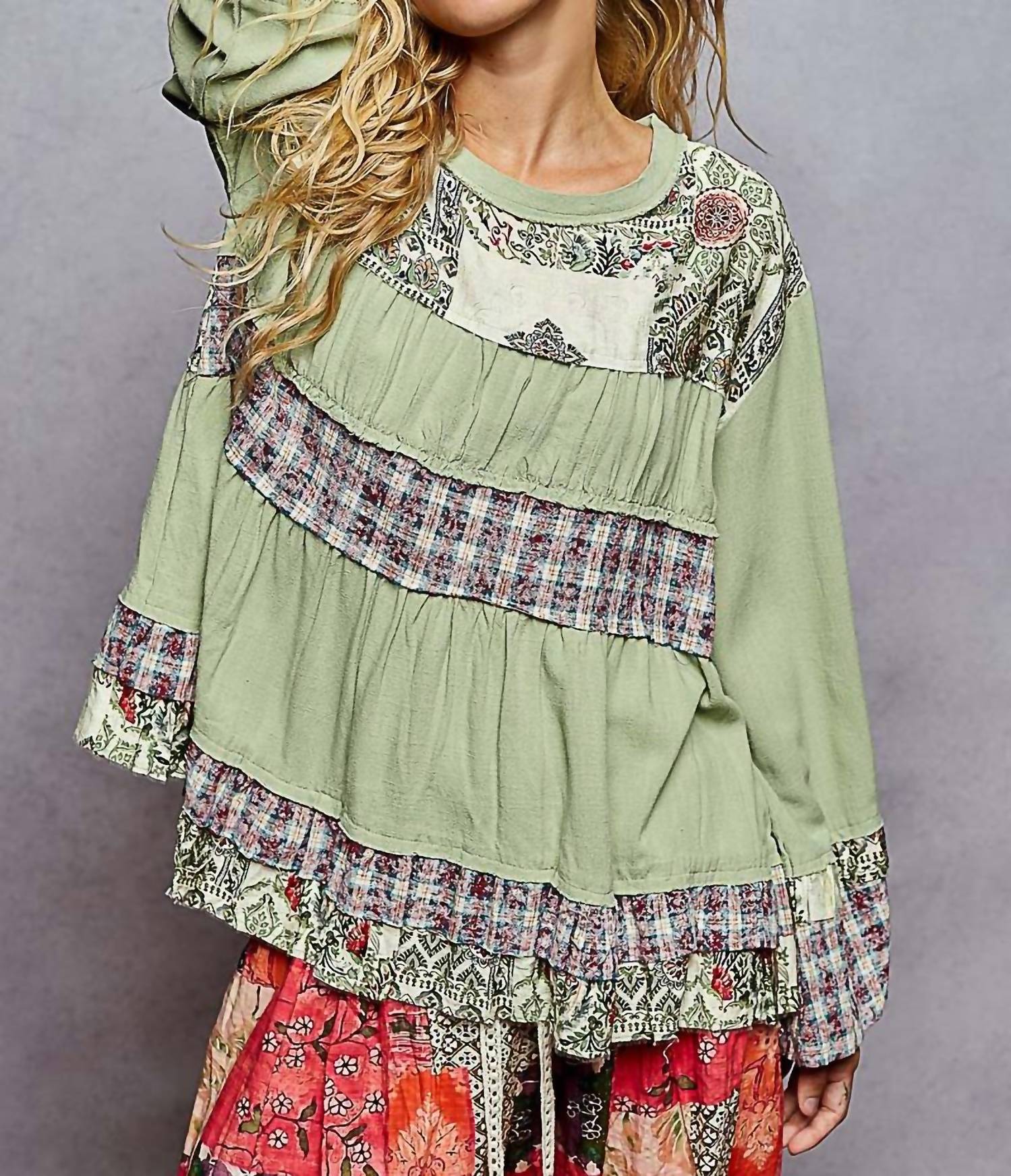 POL Relaxed Fit Print Plaid Full Sleeve Top in mint green - women's blouse - view 4