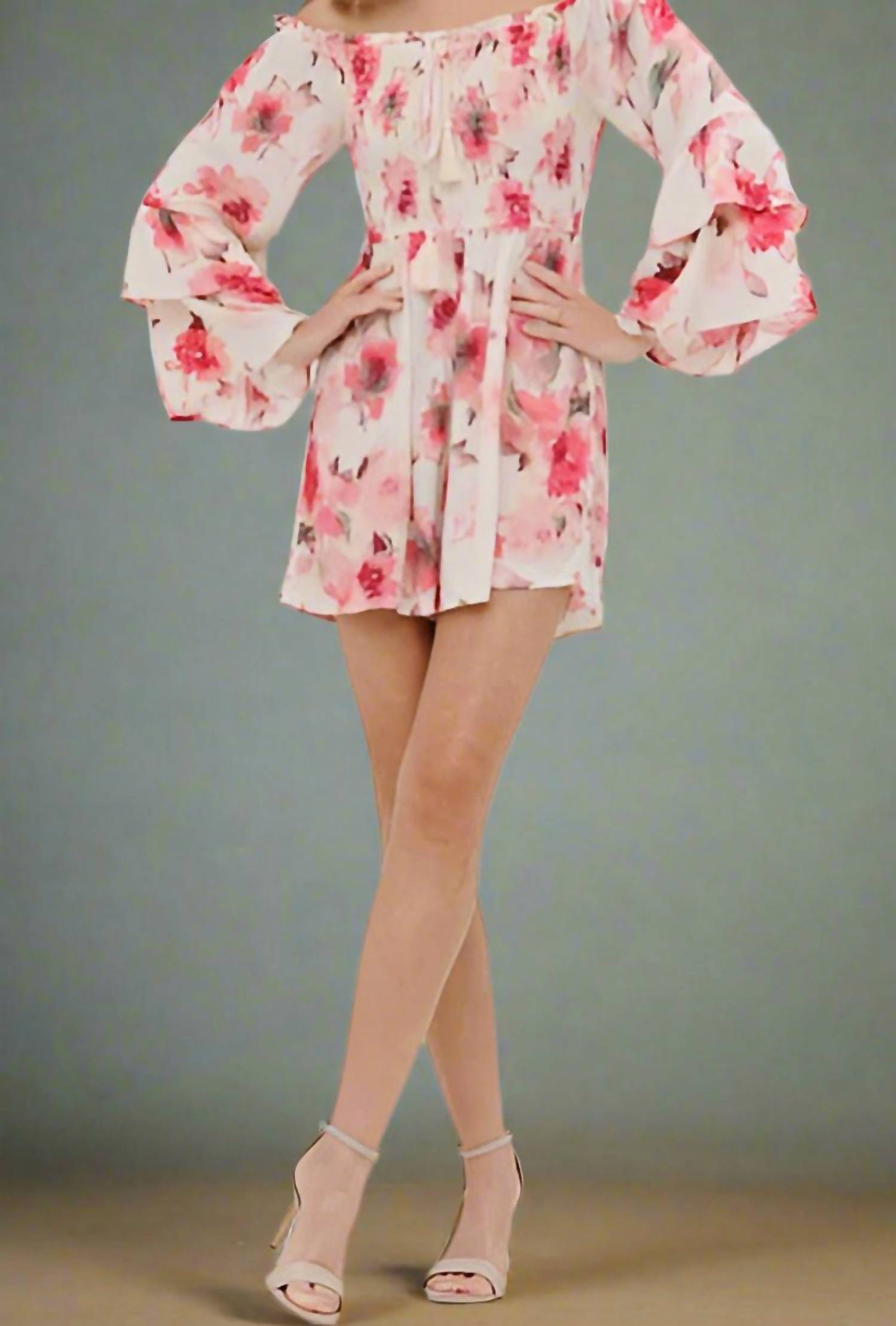 Blue B - Floral Off Shoulder Bell Tie Romper