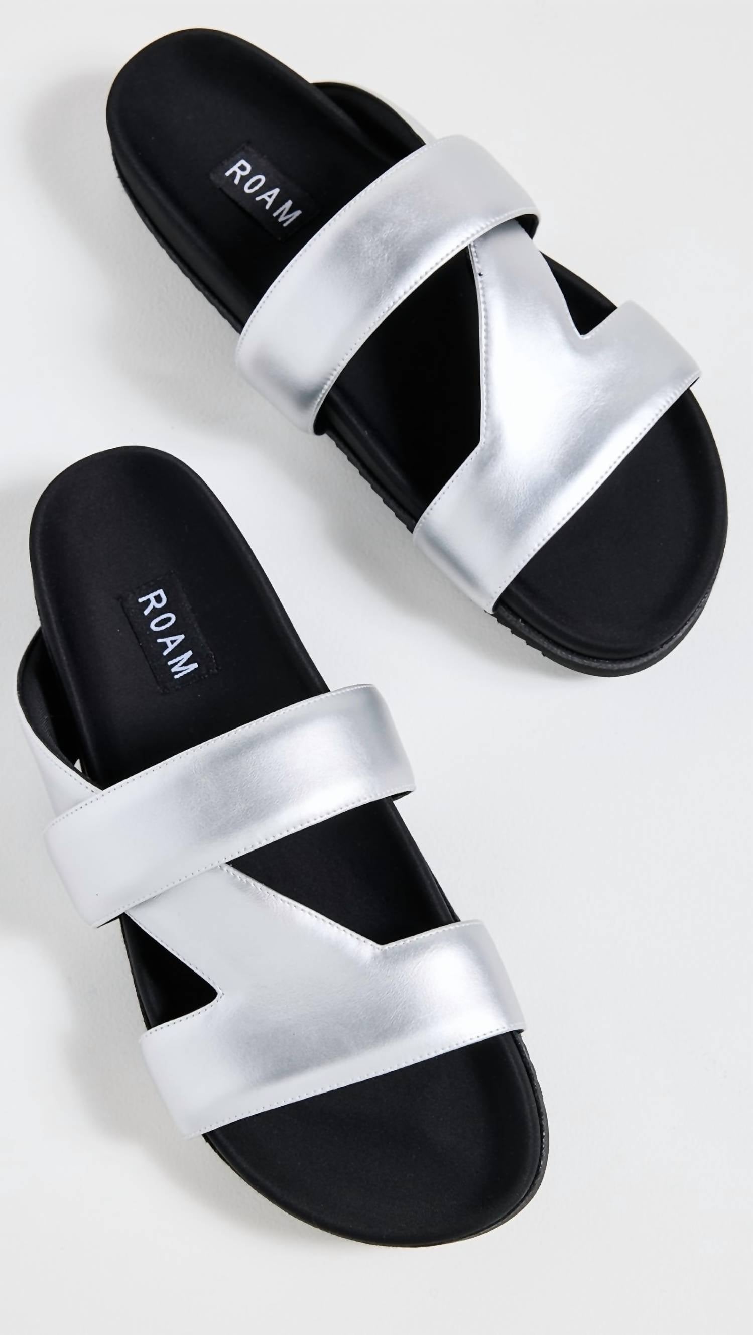 ROAM Women's 7 Slide Vegan Leather Flat Slip-on Sandals in silver black - women's sandal - detail view