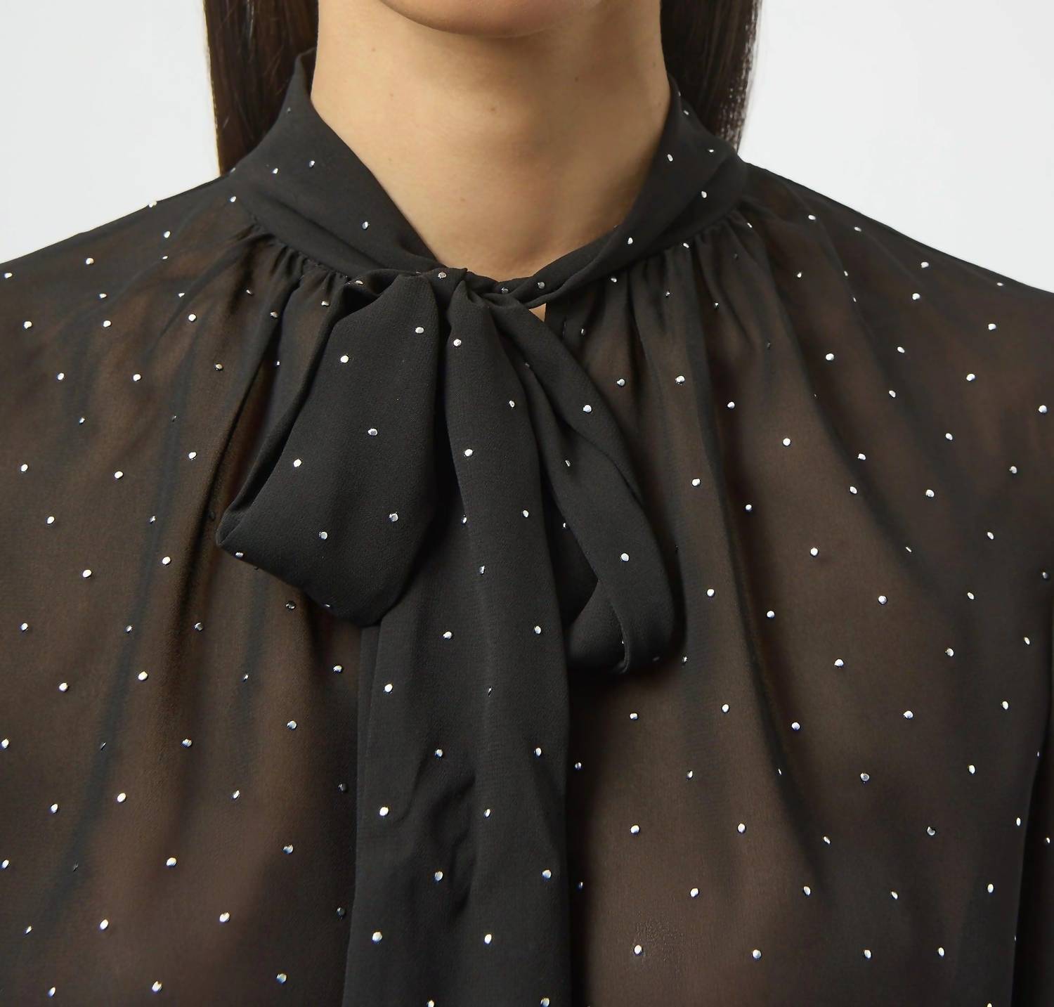 Joseph Ribkoff Studded Sheer Chiffon Pussy Bow Top in black silver - women's blouse - alternate view