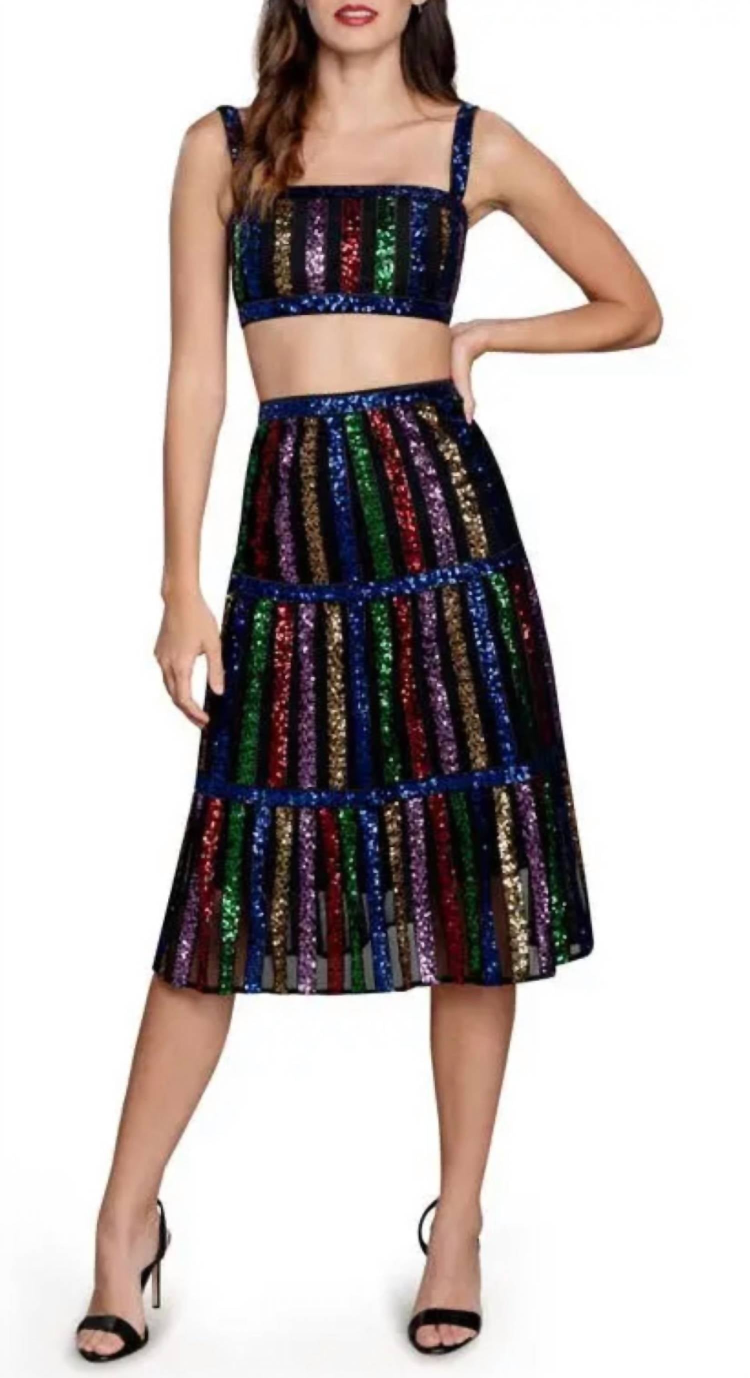DRESS THE POPULATION Diaz Sequin Crop Tank & Skirt in blue - women's sleepwear