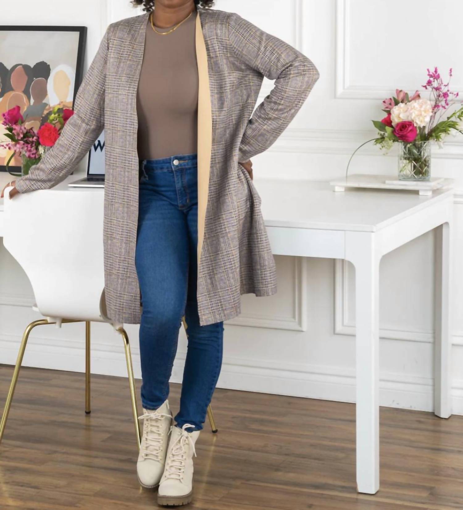Davi & Dani - PLAID SUEDE LONGLINE SIDE SLITTED HEM BLAZER WITHOUT LAPEL
