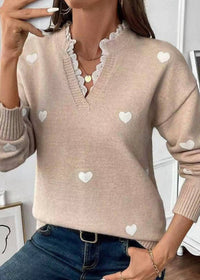 Miss Sparkling - Heart Print Lace Trim Sweater