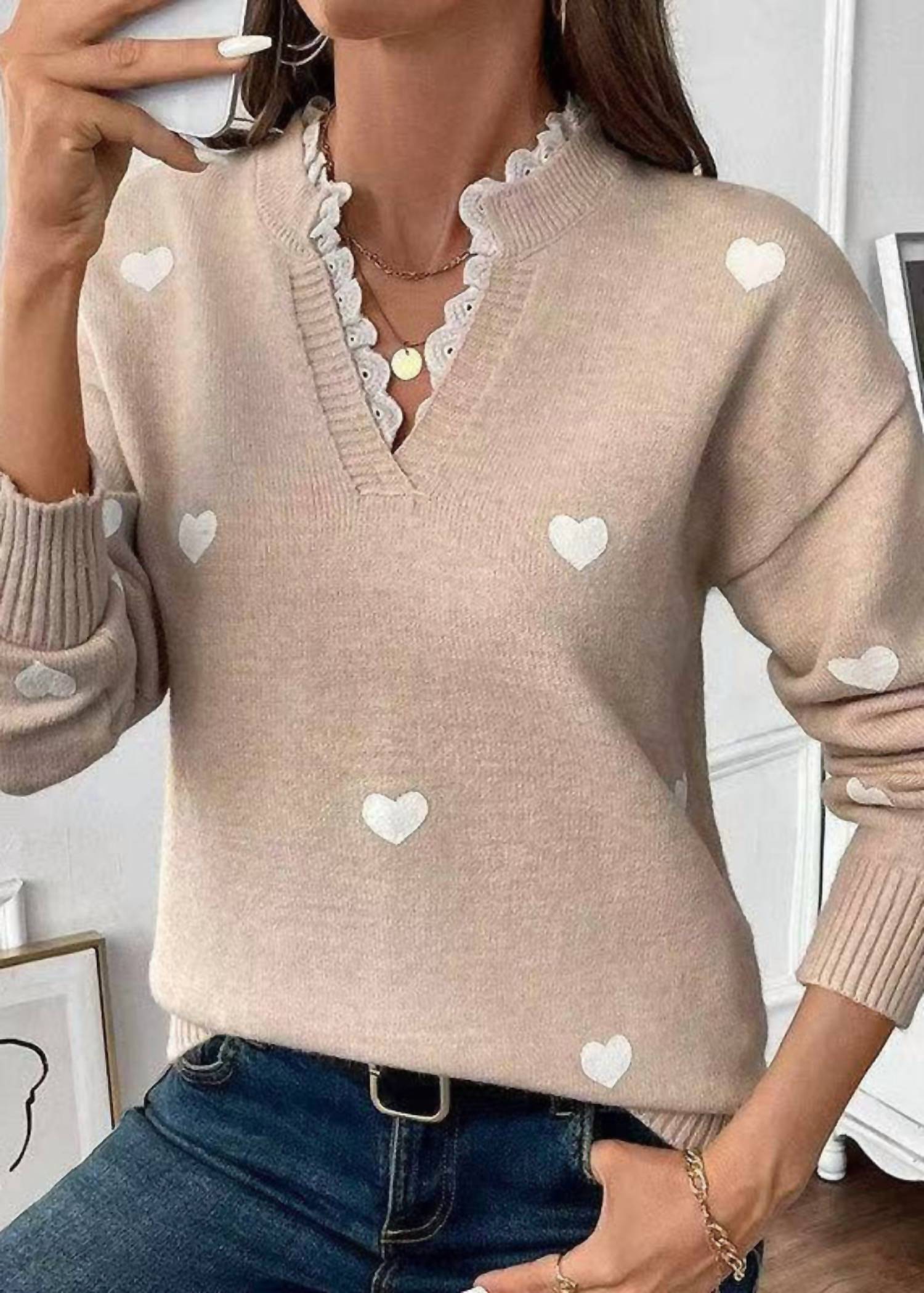 Miss Sparkling - Heart Print Lace Trim Sweater