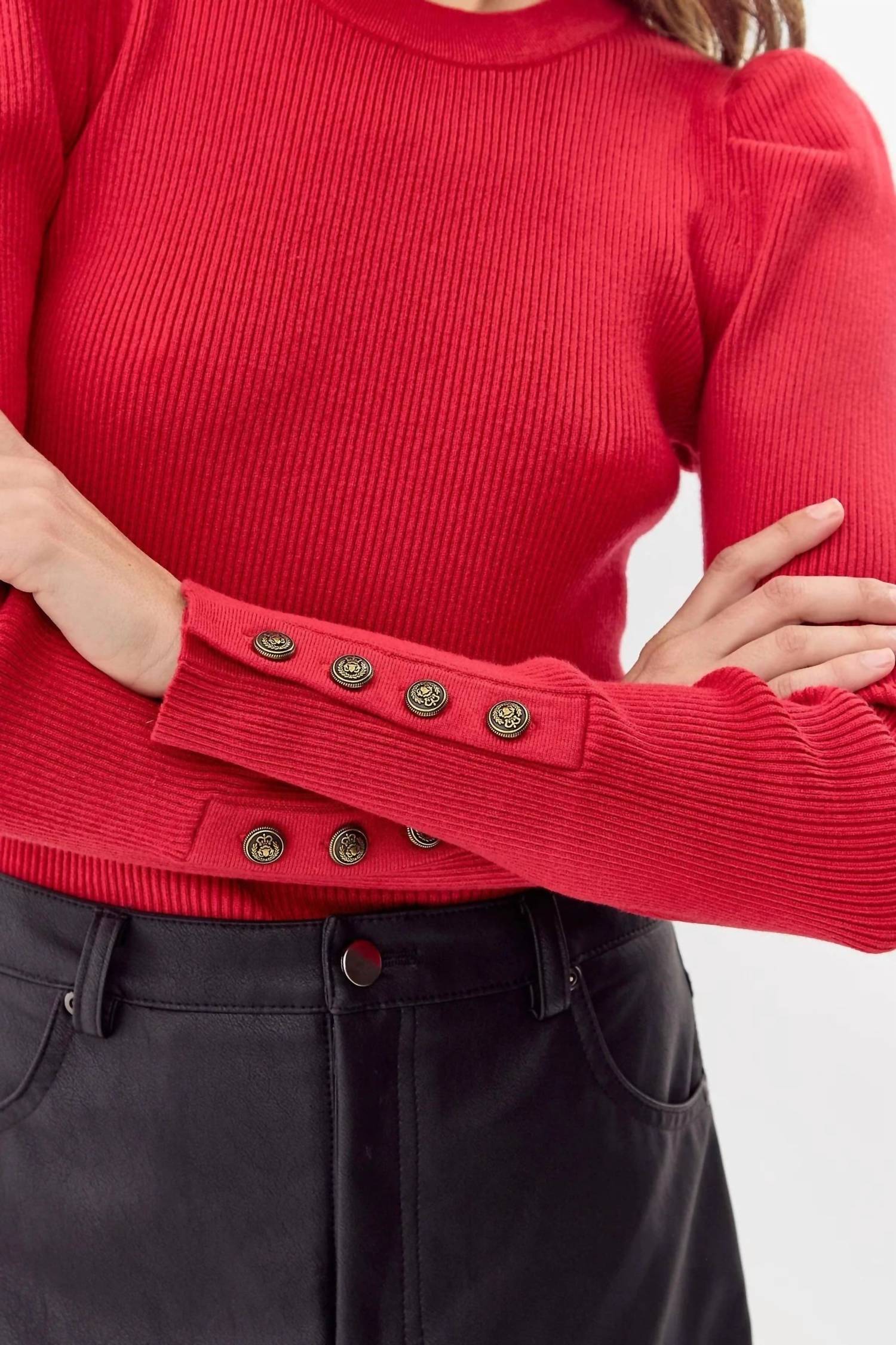 Greylin - Dani Button Puff Sleeve Ribbed Knit Top