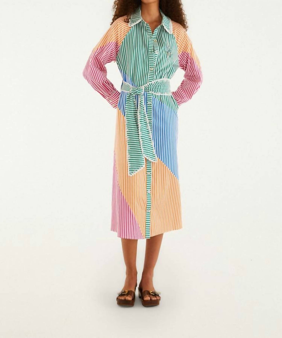 Farm Rio - CUTWORK STRIPES LONG SLEEVE CHEMISE DRESS
