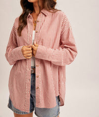 Hem & Thread Oversized Striped Button Down Long Sleeve Shirt in pink - women's long sleeve top - detail view
