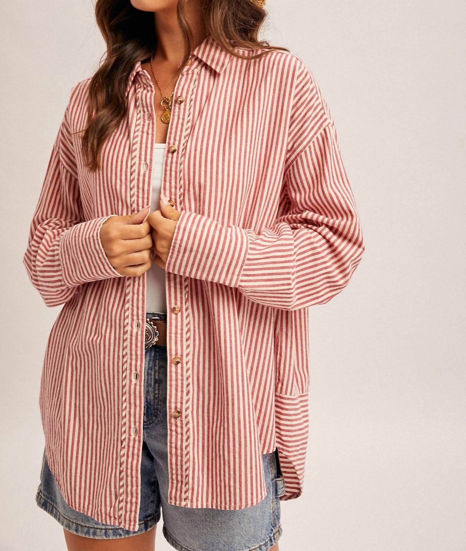 Hem & Thread Oversized Striped Button Down Long Sleeve Shirt in pink - women's long sleeve top - detail view