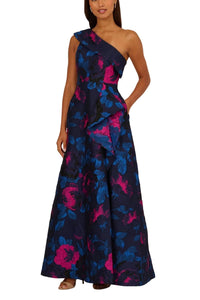 Adrianna Papell - One-shoulder Floral Jacquard A-line Gown