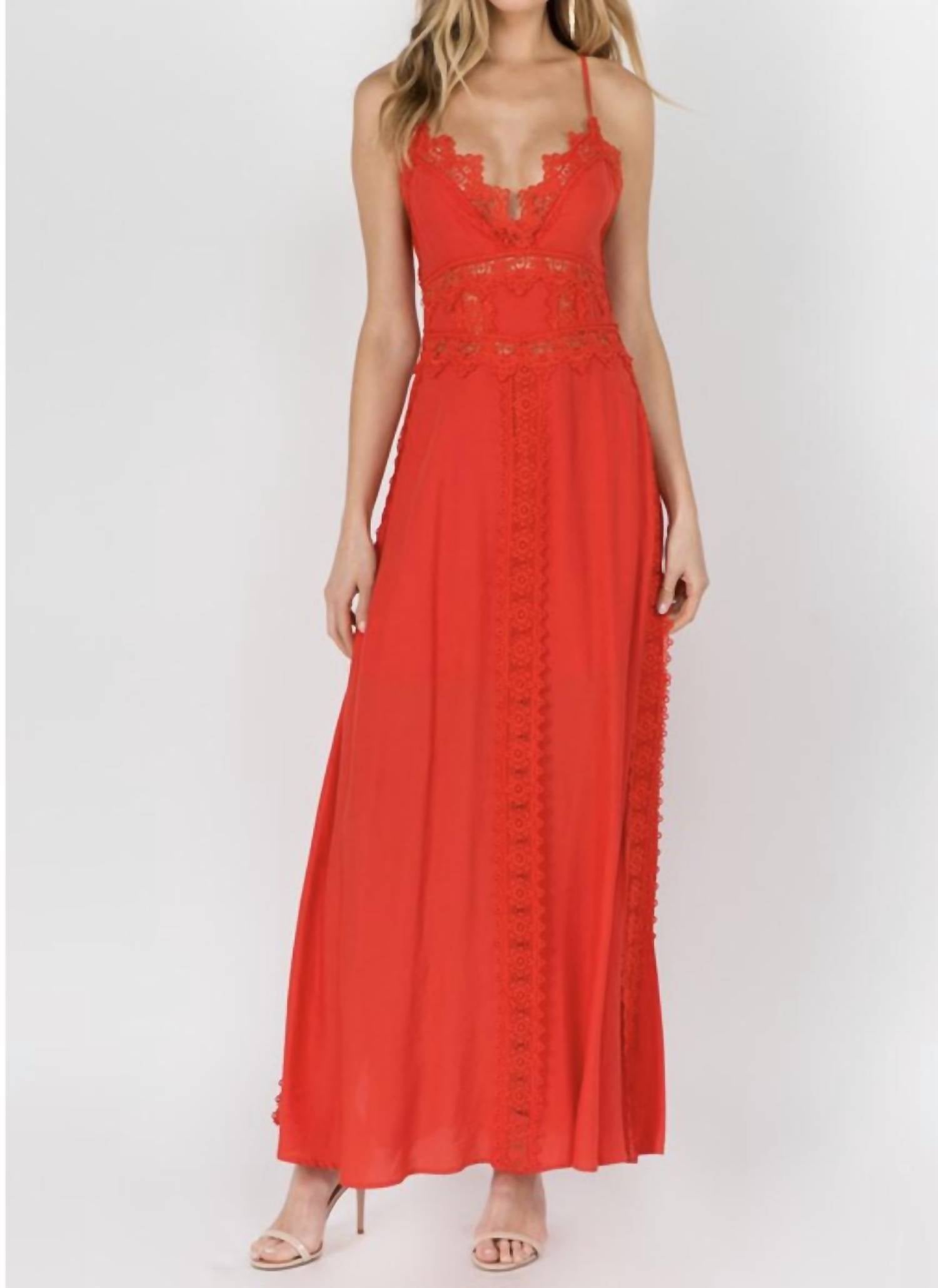 Fanco - Red Lace Backless Maxi Dress