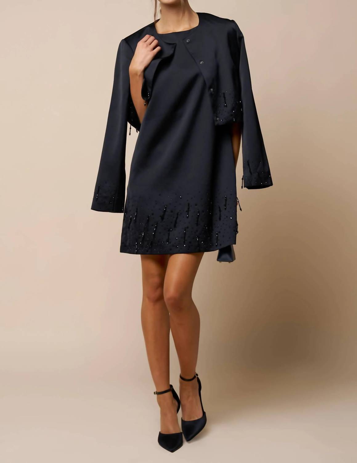 Lalavon - Audrey Beaded Detail Satin Sleeveless Shift Dress