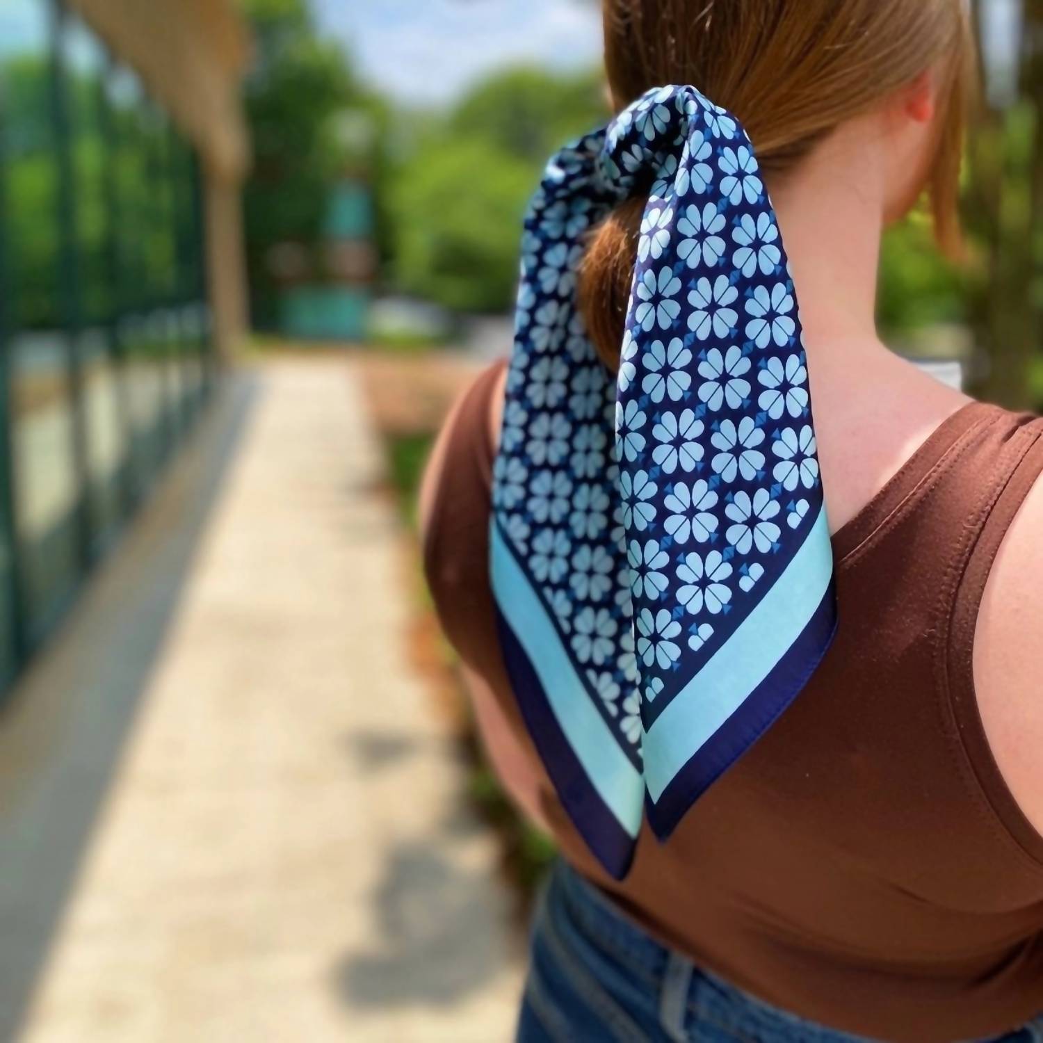 Ellison+Young Women's Four Petal Clover Square Scarf in blue - women's scarf - alternate view