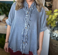 Sewn And Seen - Frayed Denim Button Up Top
