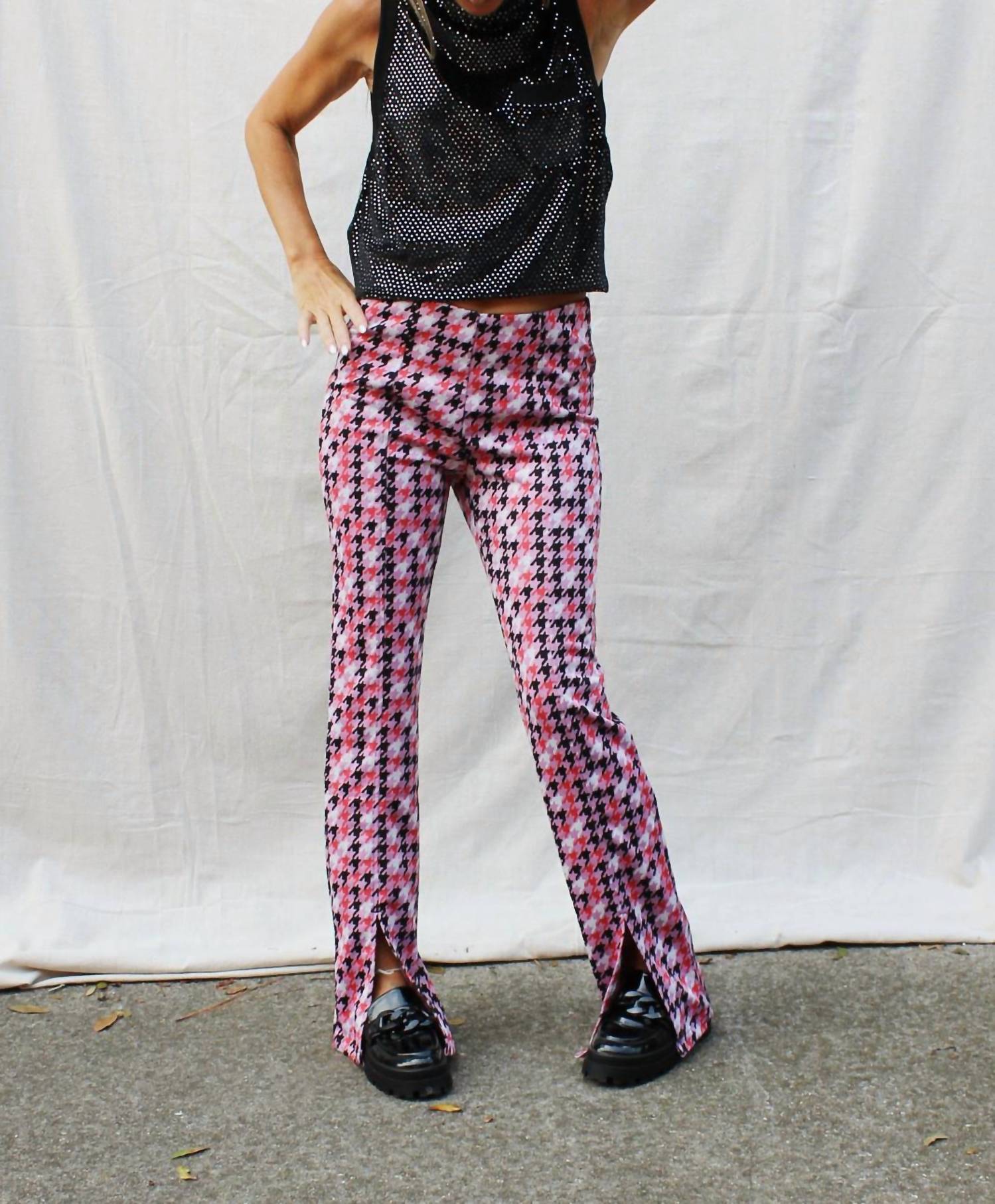 Fate - Feel Fancy Houndstooth Jacquard Front Slit Pants