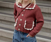 Rylee + Cru Collared Cardigan in burgundy 1 - kids' sweater - view 4