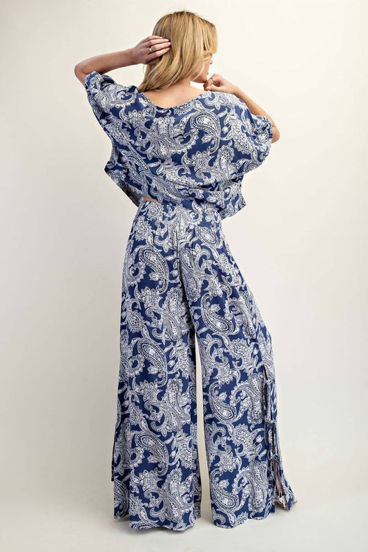 Ee:Some - Paisley Printed Side Tie Wide Leg Pants