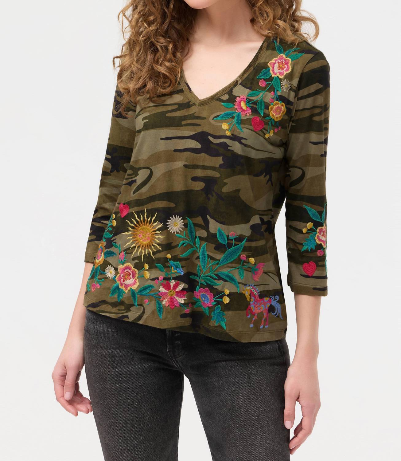 Johnny Was - ZIVIANA 3/4 SLEEVE TRAPUNTO V-NECK TEE