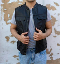 Ovlan Full Grain Cowhide Classic Leather Motorcycle Vest in black - men's jacket - alternate view