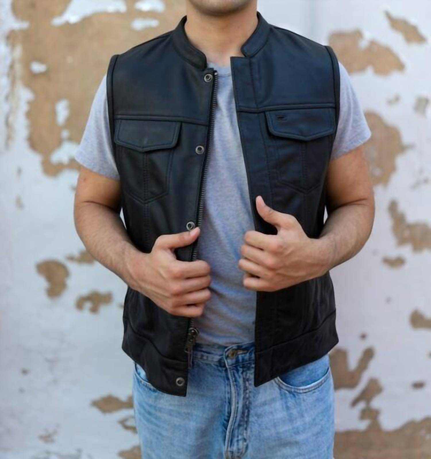 Ovlan Full Grain Cowhide Classic Leather Motorcycle Vest in black - men's jacket - alternate view