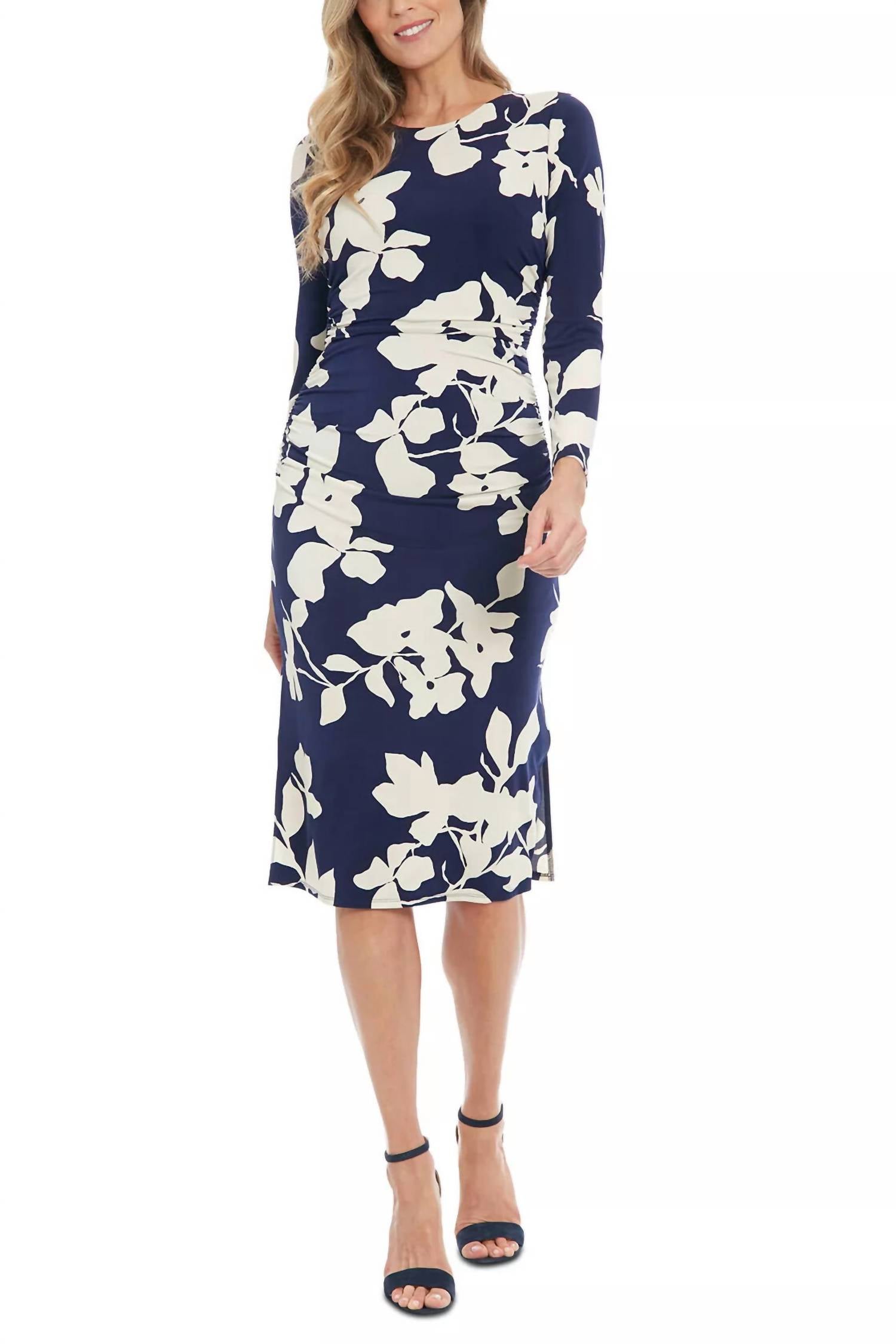 London Times - Ruched Side Slit Midi Sheath Dress