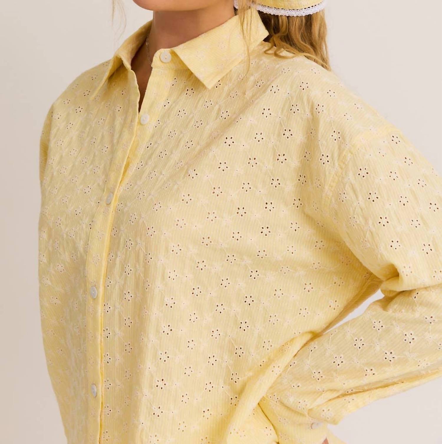Le Lis - Eyelet Button Down Lace Trim Shorts & Head Scarf Three-Piece Set