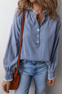 Little Daisy Closet - Frilled Raw Hem Half Buttoned Denim Top