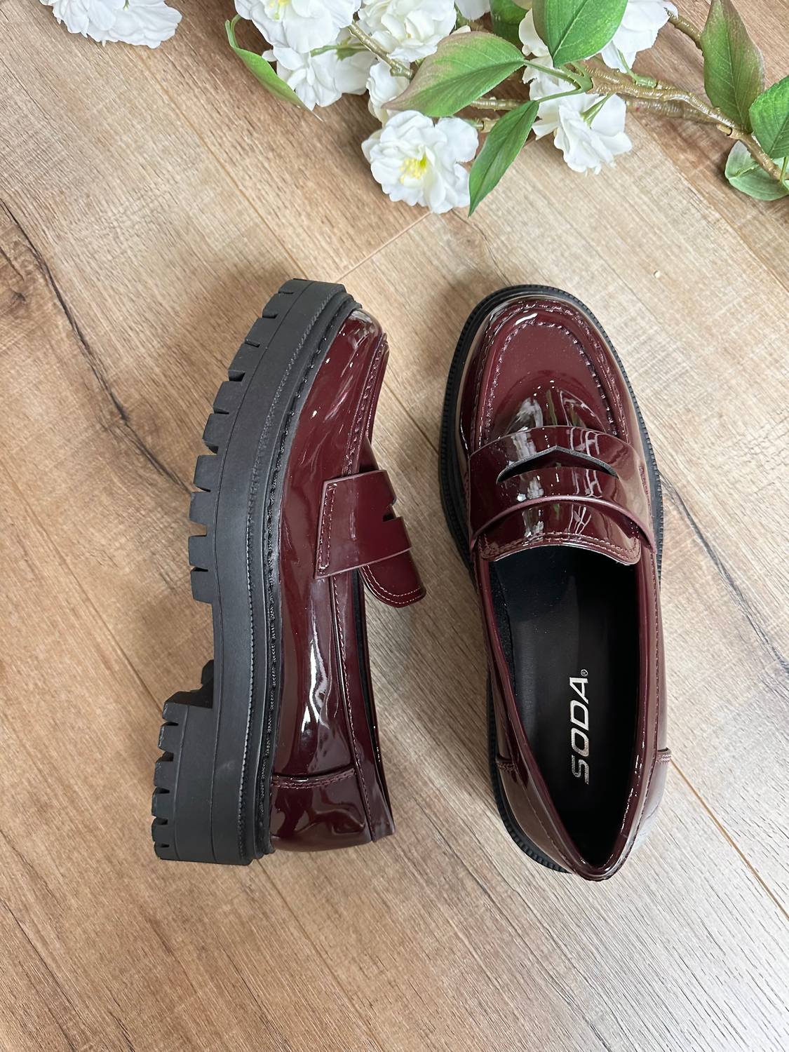 SODA Women's Eureka Loafer in burgundy - women's flats - detail view