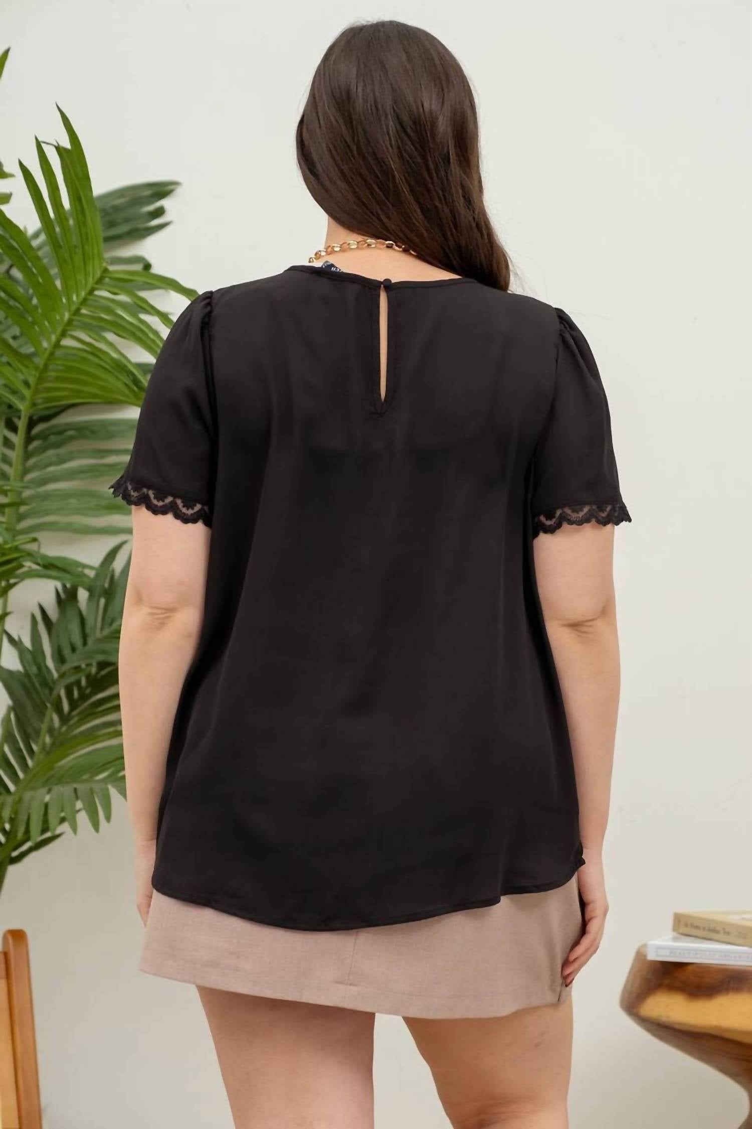 Perch By Blu Pepper - Short Sleeve Lace Trim Pleated Top - Plus