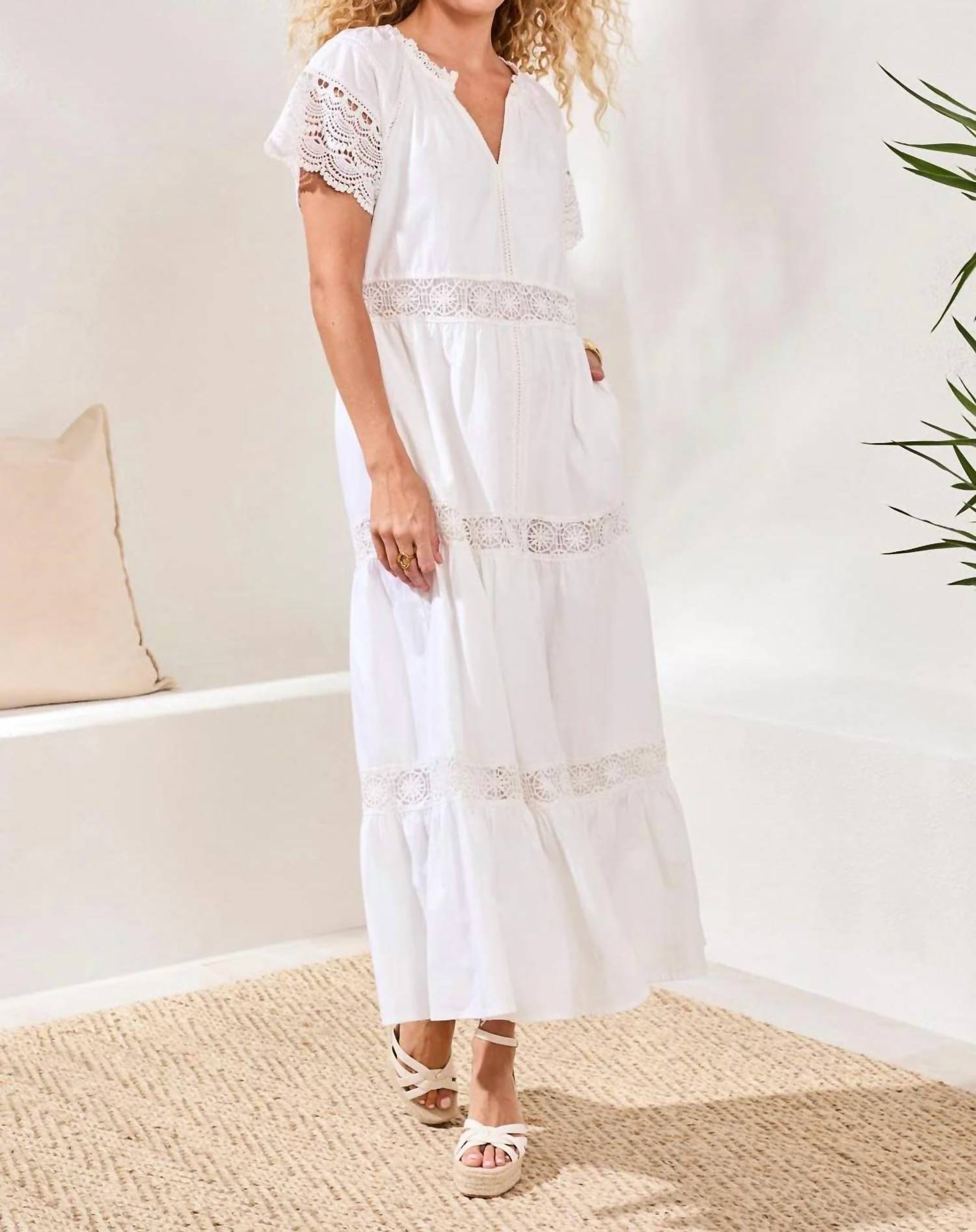 TRIBAL Cotton Poplin Lace-trim Tiered V-neck Maxi Dress in white - women's dress