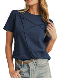Shewin Round Neck Detailed Top in navy - women's t-shirt