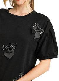 Umgee - French Terry Top with Rhinestone Ribbon Detail