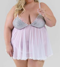 Isayes - Rhinestone Babydoll Nightwear Set - Plus