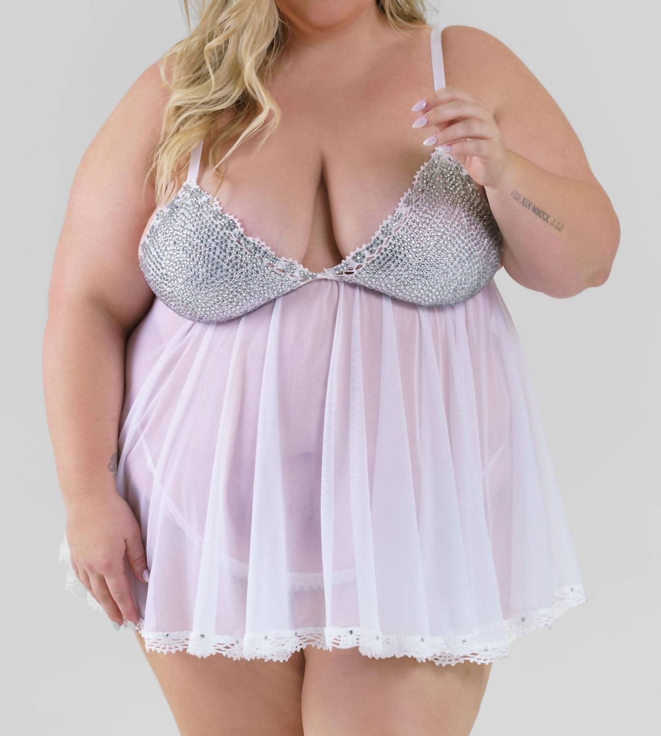 Isayes - Rhinestone Babydoll Nightwear Set - Plus