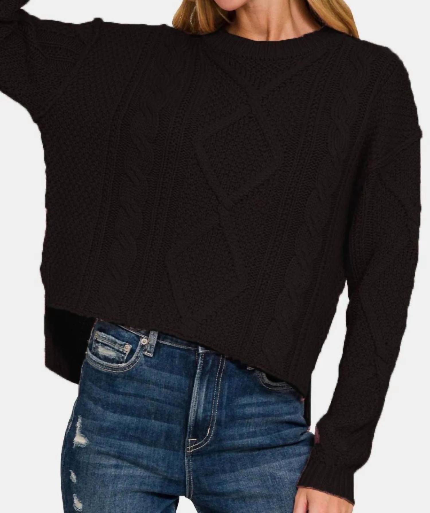 Zenana - Cropped High Low Cable Sweater With Side Slits