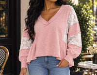 Surelymine - Mineral Wash V-neck Peplum With Sheer Lace Sleeves Top