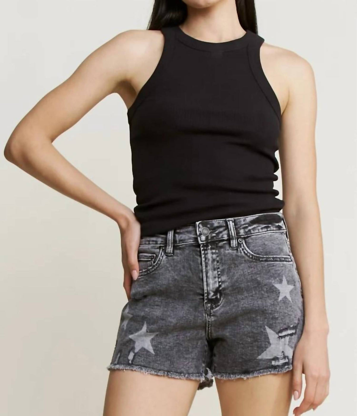 Mica Denim - Distressed Star Denim Shorts