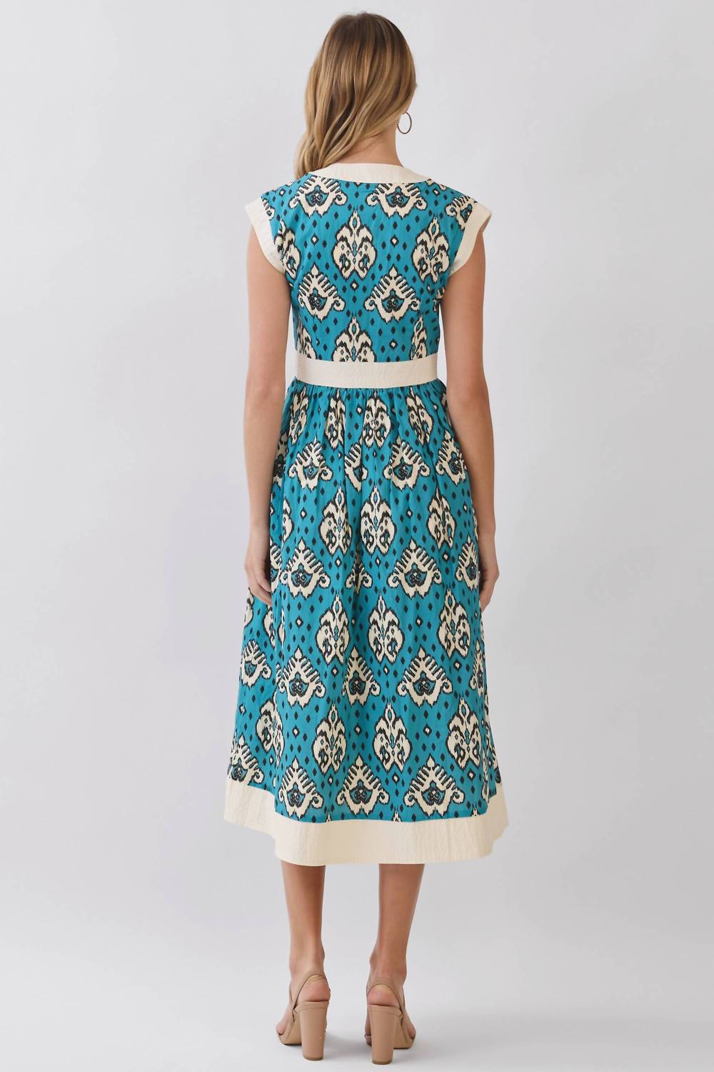Tcec - Contrast Trim Printed Zip Front Midi Dress